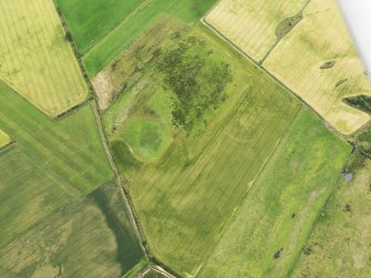 Oblique aerial view of the cropmarks of the possible enclosure and the field boundary, looking to the SE.