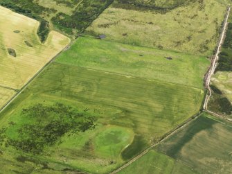 Oblique aerial view of the cropmarks of the possible enclosure and the field boundary, looking to the WSW.