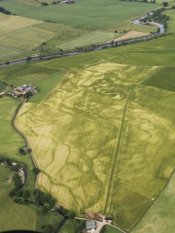 General oblique aerial view of the cropmarks with Drumtogle in the foreground and Haugh of Aberuthven in the distance, looking to the NE.