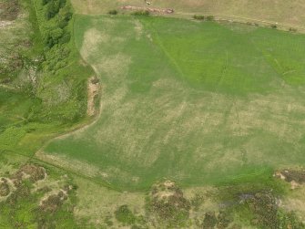 Oblique aerial view centred on the parchmarks of the barrow, taken from the SW.