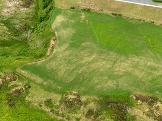 Oblique aerial view centred on the parchmarks of the barrow, taken from the SW.