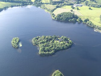 General oblique aerial view of Ichmahome and Inch Talla in the Lake of Menteith, taken from the SSE.