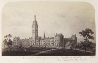 Page 19/1. Photographic copy of drawing showing unexecuted design for tower
Titled: 'University, Gilmorehill, from a drawing.  This spire was not erected, Sir Gilbert Scott Archt.  816'.
PHOTOGRAPH ALBUM NO 146: THE THOMAS ANNAN ALBUM