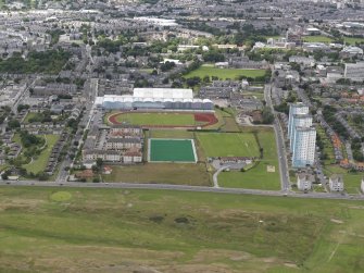 Oblique aerial view of Regent Walk and the games courts, Aberdeen, looking to the WSW.