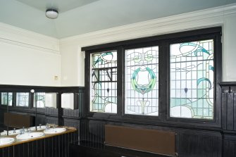 Interior. First floor.  Ladies lavatory.  Stained glass.