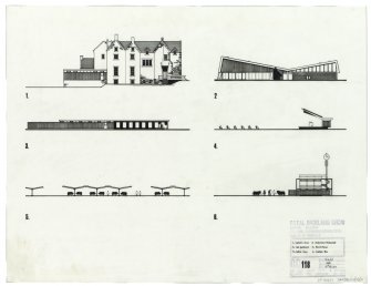 Edinburgh, Ingliston, Royal Highland Showground.
Details of MacRobert Pavilion including fire escape, stairs and elevations of partitions.  Exterior perspectives and views including MacRobert Pavilion and Ingliston House.
Sketch showing Ingliston House, Herdsmens Restaurant, East Gatehouse, Bandstand, Cattle Lines and Judges Box (dated 27/10/64).