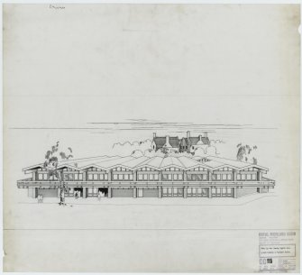 Edinburgh, Ingliston, Royal Highland Showground.
Details of MacRobert Pavilion including fire escape, stairs and elevations of partitions.  Exterior perspectives and views including MacRobert Pavilion and Ingliston House.
Birds Eye View Showing Ingliston House and North Elevation of MacRobert Pavilion (dated 19/10/1964).