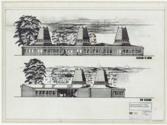 Edinburgh, Ingliston, Royal Highland Showground.
Details of MacRobert Pavilion including royal entrance, royal dining room and kitchen. Details of stands at East end including plans and elevations of Combined Marketing Boards pavilion.
Elevations of Combined Marketing Boards Pavilion (dated 21/7/65).