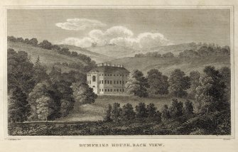 Engraving of Dumfries House in its setting.
Titled: 'Dumfries House, back view'.
