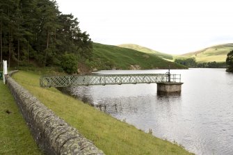 Detail of pump station and access bridge Glencorse dam, from NW.