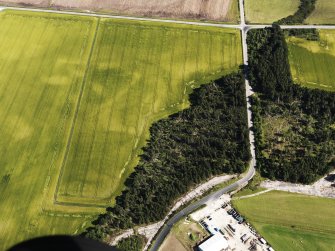 Oblique aerial view of the cropmarks of the round barrows, looking to the SE.