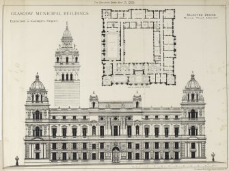 Glasgow City Chambers
Elevation and second floor plan from The Building News
Titled: 'The Building News, Sep. 15, 1882'  'Glasgow Municipal Buildings  Elevation to Cochrane Street.  Selected Design  William Young Architect.'  'Photo-Lithographed & Printed by James Akerman, 6 Queen Square, W.C.'