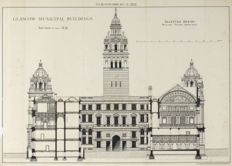 Glasgow City Chambers
Elevation and section from The Building News
Titled: 'The Building News, Sep. 15, 1882'  'Glasgow Municipal Buildings.  Section on line A.B.  Selected Design  William Young Architect.'  'Photo-Lithographed & Printed by James Akerman, 6 Queen Square, W.C.'