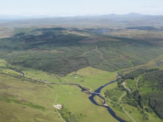 General oblique aerial view of Strath Brora at Balnacoil centred on the confluence of the Black water and the River Brora, taken from the ESE.