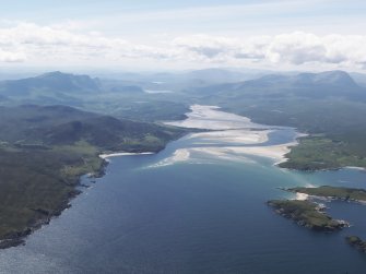 General oblique aerial view of Tongue Bay and the Kyle of Tongue with Ben Hope and Ben Loyal beyond, taken from the NNE.