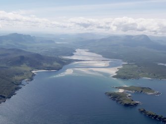 General oblique aerial view of Tongue Bay and the Kyle of Tongue with Ben Hope and Ben Loyal beyond, taken from the NNE.