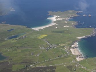 General oblique aerial view looking across Durness and Balnakeil towards An Fharaid, taken from the SSE.