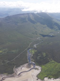 General oblique aerial view looking up the River Dionard with Beinn Spionnaidh beyond, taken from the NNW.