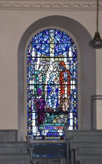 Interior. Gallery level, view of stained glass window