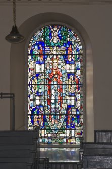 Interior. Gallery level, S wall, view of stained glass window