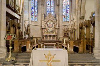 Interior. Chancel and communion table. View from NW