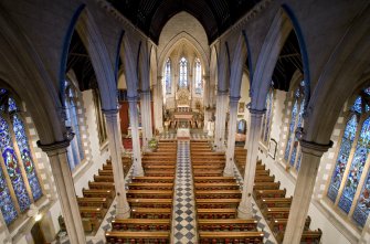 Interior. Nave. Elevated view from NW