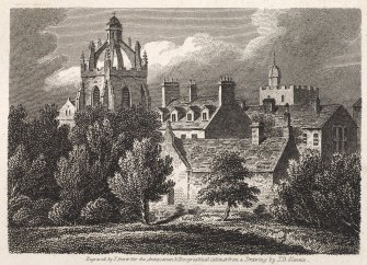 Engraving of King's College, Aberdeen, showing church tower & other buildings.
Titled 'King's College, Aberdeen, Aberdeenshire. Engraved by J. Storer for the Antiquarian and Topographical Cabinet from a drawing by J. D. Glennie.'