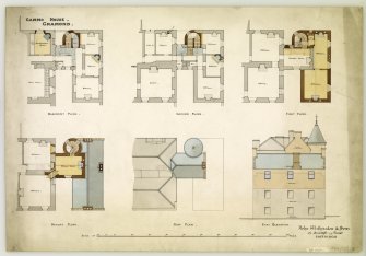 Drawing showing basement, ground, first and second floor plans, roof plan and East elevation for proposed alterations at Cammo House, Edinburgh. 
Insc: 'Cammo House, Cramond'
Signed: 'Johm Watherston & Son, 29, Queensferry Street, Edinburgh'