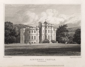 Engraving of Airthrey Castle from the lawns.
Titled 'Airthrey Castle, Perthshire. London, published March 1821 by J. P. Neale, 16 Bennett St., Blackfriars Road & Sherwood, Neely & Jones, Paternoster Row.