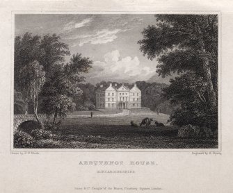 Engraving of Arbuthnott House and grounds. Drive crosses small bridge on left foreground.
Titled 'Arbuthnot House, Kincardineshire. Drawn by J.P.Neale. Engraved by E. Byrne. Jones & Co. Temple of the Muses, Finsbury Square, London.