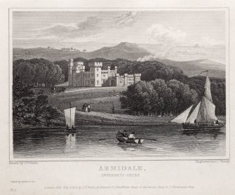 Engraving of Armadale Castle from the shore.
Titled 'Armidale, Inverness-shire. Drawn by J. P. Neale. Engraved by J.C. Varrall. Printed by Bishop & Son. London. Pub.May 1 1824 by J. P. Neale, 16 Bennett St., Blackfriars Road & Sherwood, Jones & Co., Paternoster Row. Pl.2'