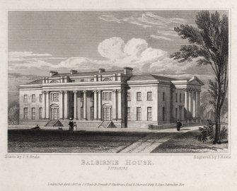 Engraving of Balbirnie House, front view.
Titled 'Balbirnie House, Fifeshire. Drawn by J.P.Neale. Engraved by S. Rawle. London Pub. April 1 1822 by J. P. Neale, 16 Bennett St. Blackfriars Road & Sherwood, Neely & Jones, Paternoster Row.'