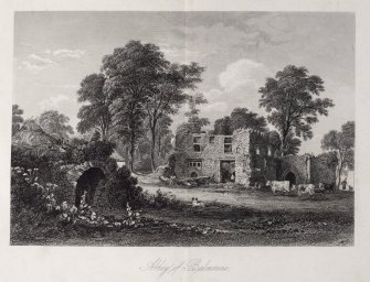 Engraving of ruins at Balmerino Abbey, with thatched building, trees, animals and figures.
Titled 'Abbey of Balmerino.'