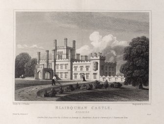 Engraving of Blairquhan House from lawns.
Titled 'Blairquhan Castle, Ayrshire. Drawn by J. P. Neale. Engraved by H. Bond. Printed by Bishop & Co. Proof. London Pub. August 1826 by J. P. Neale, 16 Bennett St. Blackfriars Road & Sherwood & Co. Paternoster Row.