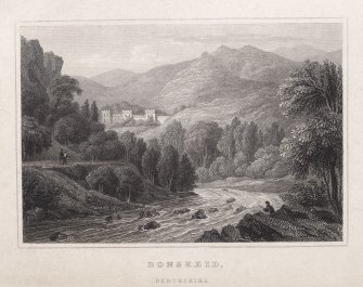 Engraving of Bonskeid House in a landscape.
Titled 'Bonskeid,  Perthshire.
