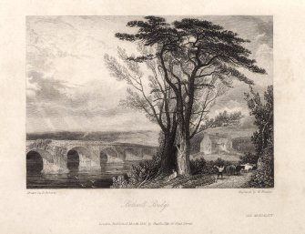 Engraving of Bothwell Bridge with 2-storey building nearby.
Titled 'Bothwell Bridge. Drawn by D. Roberts. Engraved by W. finden. London Published March 1831 by Charles Tilt 86 Fleet Street. Old Mortality.'
