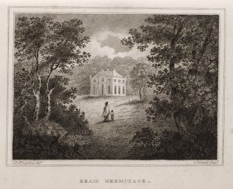 Engraving of Hermitage of Braid in its setting.
Titled 'Braid Hermitage. T. E. Woolford delt. E. Mitchell sculpt.'