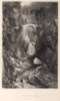 Engraving of bridge over the upper Falls of Bruar.
Titled 'Bruar Water, Upper Falls. D. O. Hill, R.A. W. Miller. Published by Blackie & Son, Glasgow. Printed by W.& D. Duncan, Gla.' In pencil on reverse: Mr Rose, Carpenter, 20 Temple st., Newington.'