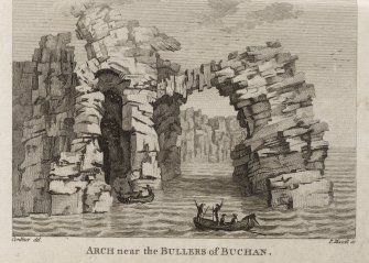 View of a rock arch near the Bullers of Buchan from the sea, with small boats and figures.
Titled 'Arch near the Bullers of Buchan, Cordiner del. P. Mazell sc.'