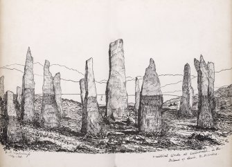 View of stone circle at Callanish, Lewis.
Titled 'Druidical Circle at Callernish in the Island of Lewis, N. Hebrides. G. R. Mackarness , July 1866.' [Antiquarian, Vicar of Ilam, Derbyshire.]