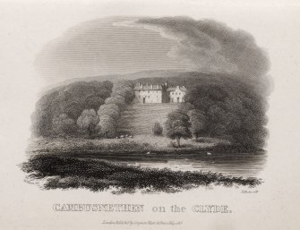 Engraving of Cambusnethan House above the Clyde.
Titled 'Cambusnethan on the Clyde. W. Wilson del. R Rhodes sculp. London, published by Longman, Hurst and Rees, 1 May 1815.'