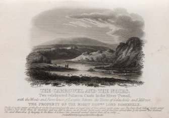 Engraving of River Tweed showing two salmon pools, with house in distance.
Titled: 'The Carrowel & the Noirs, two celebrated Salmon casts in the River Tweed, with the woods and farmhouse of Langlee between the towns of Galashiels and Melrose. The property of the Right Honble. Lord Sommerville. The rock in the center of the River in the foreground was the cause of the sad loss of lives about eighty years ago. The Ferry boat full of people going to Melrose Fair broke from its moorings and was split to pieces on it. Twenty people were said to have been carried down by the current and drowned. Ten saved themselves by hanging to the Mane of a horse; this powerful animal landed them all in safety. London, published by Longman, Hurst & Rees, 1 May 1815.'