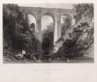 Engraving of Cartland Bridge from the river.
Titled: 'Cartlane Crags Bridge. Lanarkshire. T. Allom. E. Benjamin. London, published for the Proprietors by Geo. Virtue, 26 Ivy Lane, 1835.'