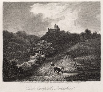 Engraving of Castle Campbell in distance.
Titled 'Castle Campbell, Perthshire. Engraved by J. C. Varrall from a painting by G. Arnold, A.R.A. for the Antiquarian Library. Published for the Proprietors Feb. 1st 1815 by W. Clarke, New Bond Street.'