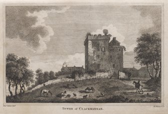 Engraving of Clackmannan Tower & adjacent buildings.
Titled: ' Tower of Clackmannan. Davd. Allan delt.P. Thomson sc.'