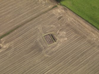 General oblique aerial view of the 2010 excavations of the square barrows at Forteviot, taken from the W.