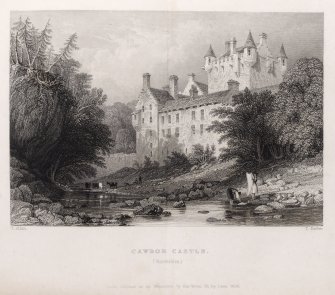 Engraving of Cawdor Castle from river below.
Titled: 'Cawdor Castle (Nairnshire). T. Allom. T. Barber. London, published for the Proprietors by Geo. Virtue, 26 Ivy Lane, 1836.'