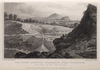 Engraving of Craigleith Quarry with men & lines of horses & carts at work.
Titled: 'The Stone Quarries, Craigleith, near Edinburgh. from which the New Town was built. Drawn by Tho. H. Shepherd. Engraved by W. Wallis. Published Jan 31st. 1829, by Jones & Co., Temple of the Muses, Finsbury Square, London.