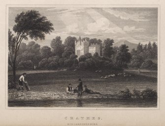 Engraving of Crathes Castle amid trees.
Titled: 'Crathes Kincardineshire.