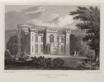 Engraving of Culdees Castle showing main front.
Titled: 'Culdees Castle, Perthshire. Drawn by J.P.Neale. Engraved by W. Wallis. Londoon Pub. May1st 1822 by J.P.Neale, 16 Bennett St., Blackfriars Road & Sherwood, Neely & Jones, Paternoster Row.'